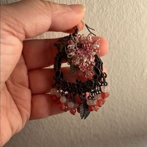 Michal Negrin Pink Floral Hoop Earrings with Coral and Rose Beads